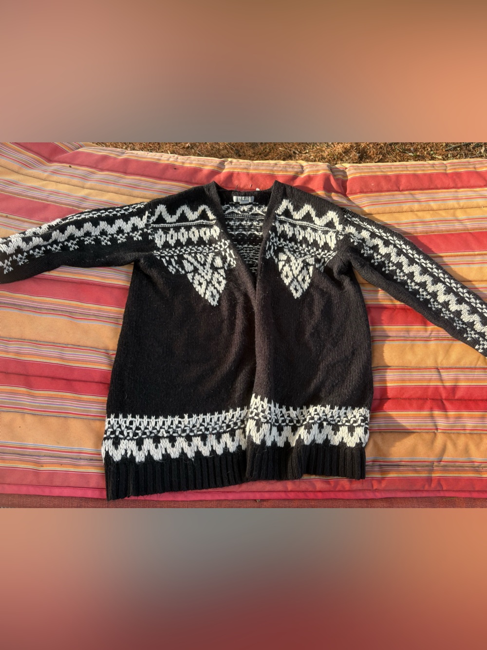 Natural Reflections Black and White Nordic-Pattern Open Cardigan